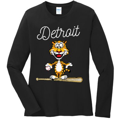 Distressed Tiger Mascot for Detroit Baseball Fans Ladies Long Sleeve Shirt