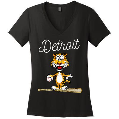 Distressed Tiger Mascot for Detroit Baseball Fans Women's V-Neck T-Shirt