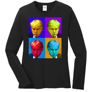 Donald Trump Mug Shot Colorful Pop Art Ladies Long Sleeve Shirt