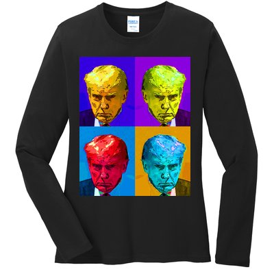 Donald Trump Mug Shot Colorful Pop Art Ladies Long Sleeve Shirt