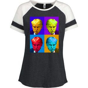 Donald Trump Mug Shot Colorful Pop Art Enza Ladies Jersey Colorblock Tee