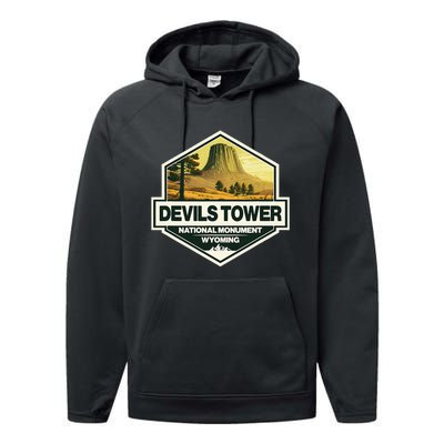 Devils Tower National Monument Wyoming Travel Art Badge Performance Fleece Hoodie