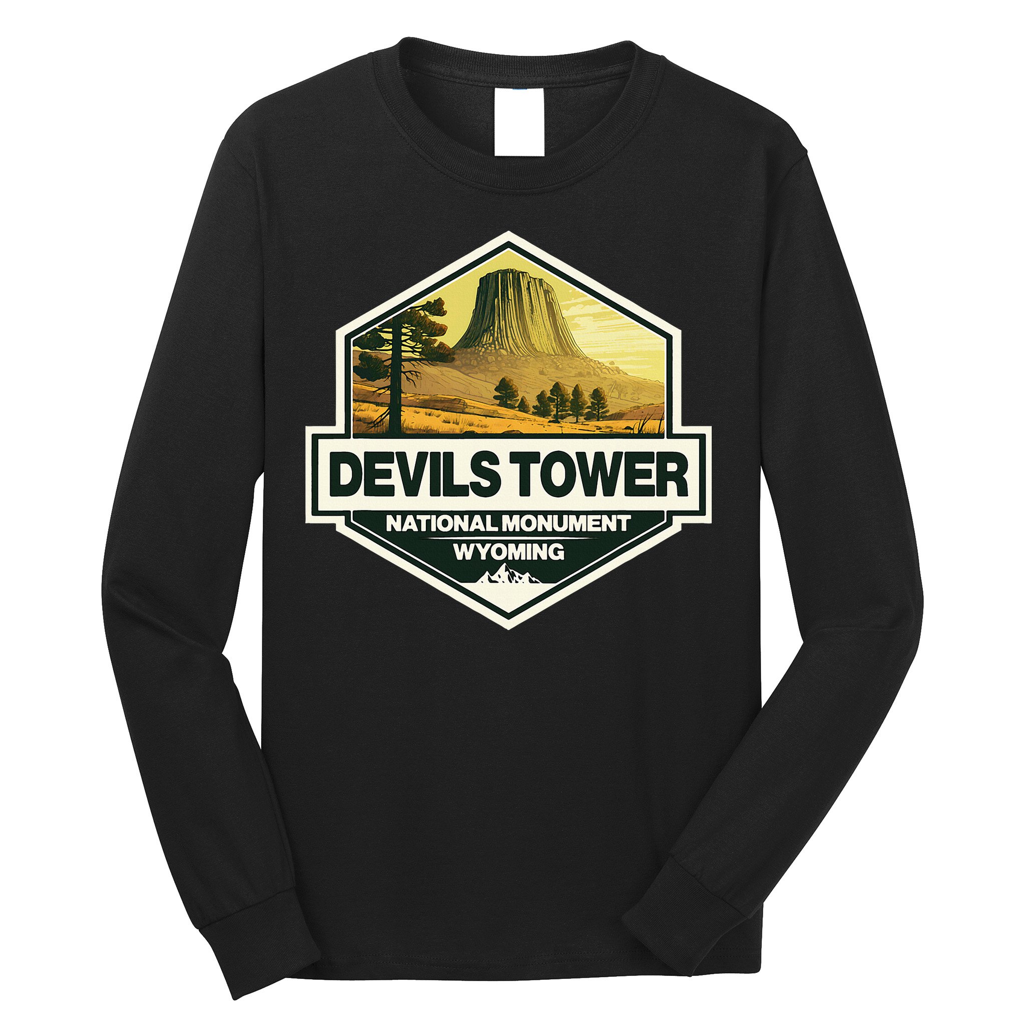 Devils Tower National Monument Wyoming Travel Art Badge Long Sleeve Shirt