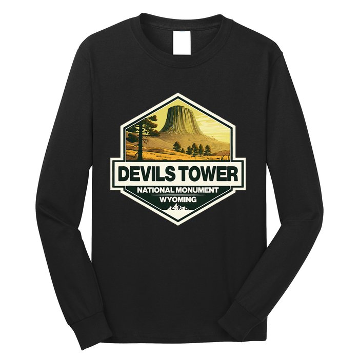 Devils Tower National Monument Wyoming Travel Art Badge Long Sleeve Shirt