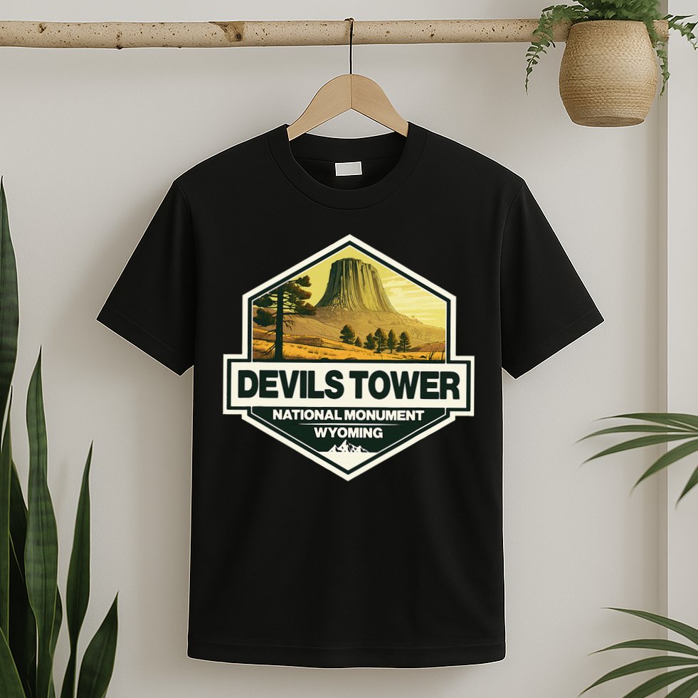 Devils Tower National Monument Wyoming Travel Art Badge T-Shirt