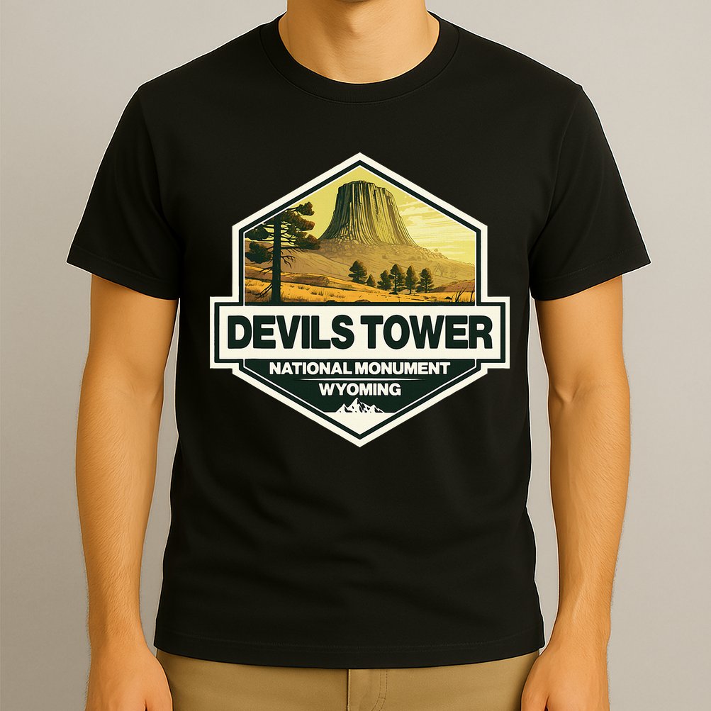 Devils Tower National Monument Wyoming Travel Art Badge T-Shirt