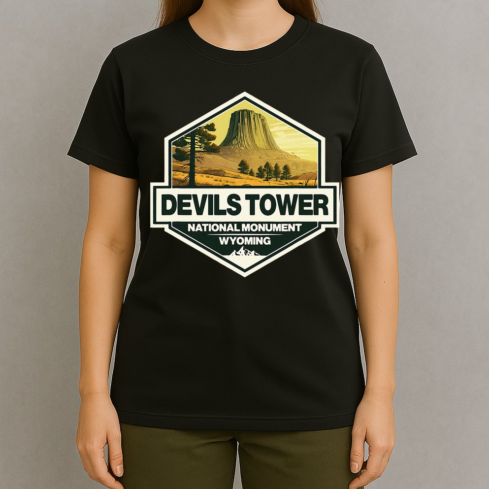 Devils Tower National Monument Wyoming Travel Art Badge T-Shirt