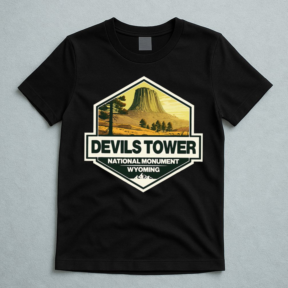 Devils Tower National Monument Wyoming Travel Art Badge T-Shirt