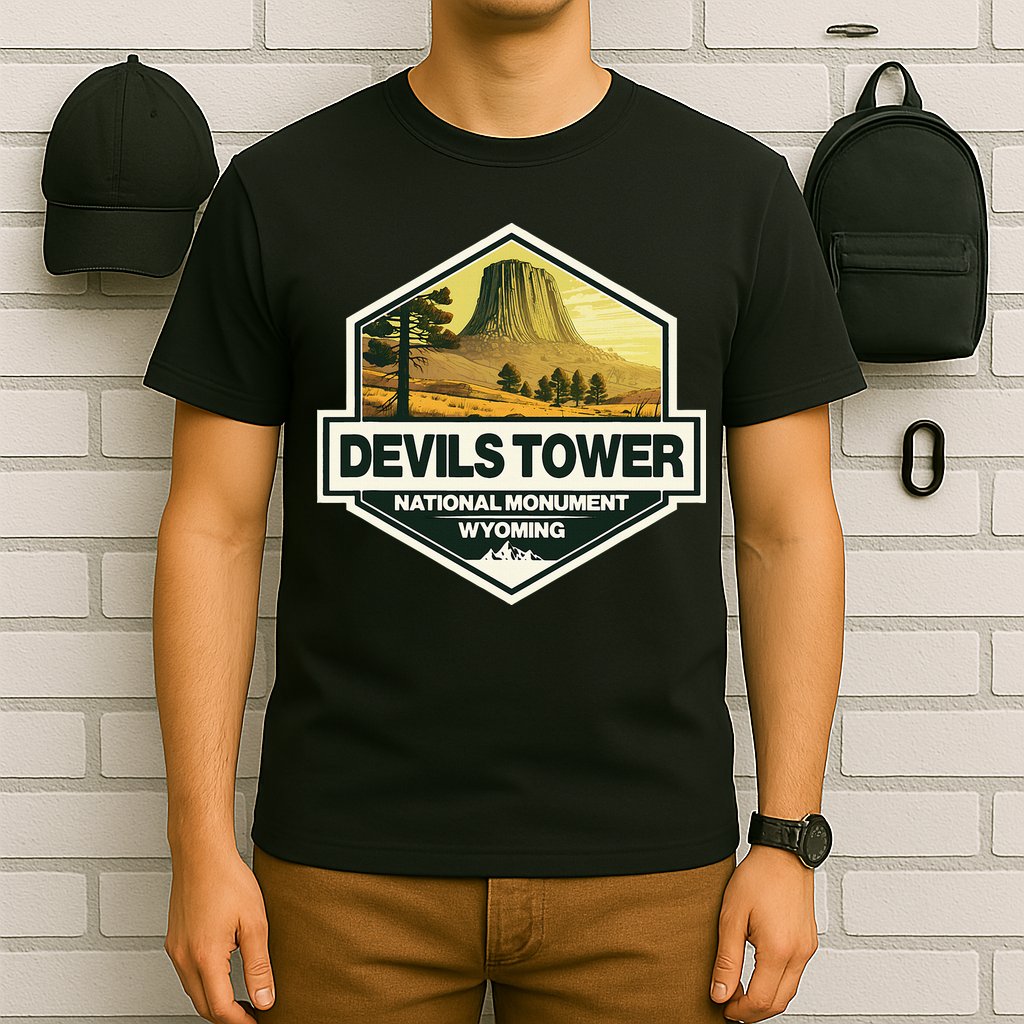 Devils Tower National Monument Wyoming Travel Art Badge T-Shirt