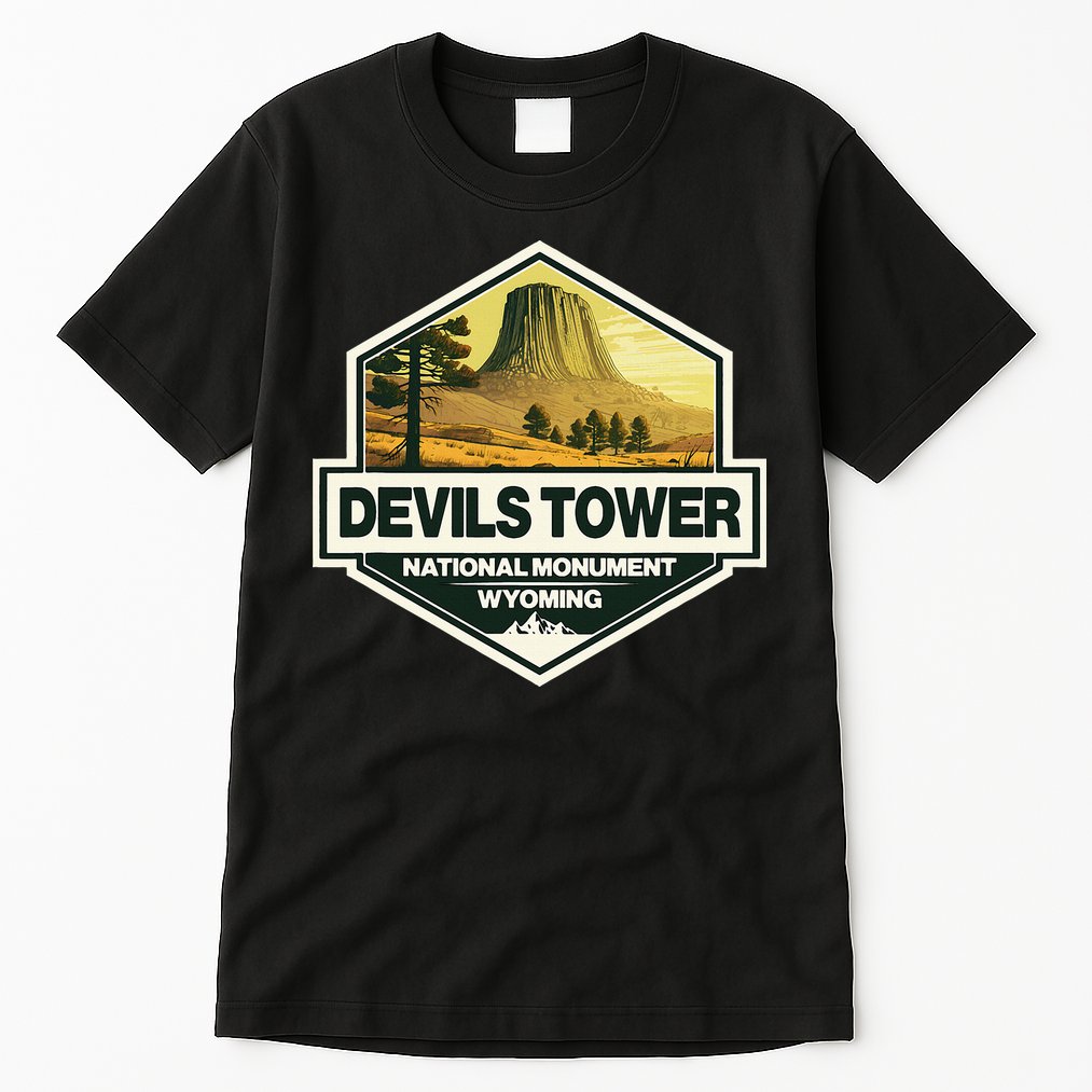 Devils Tower National Monument Wyoming Travel Art Badge Tall T-Shirt