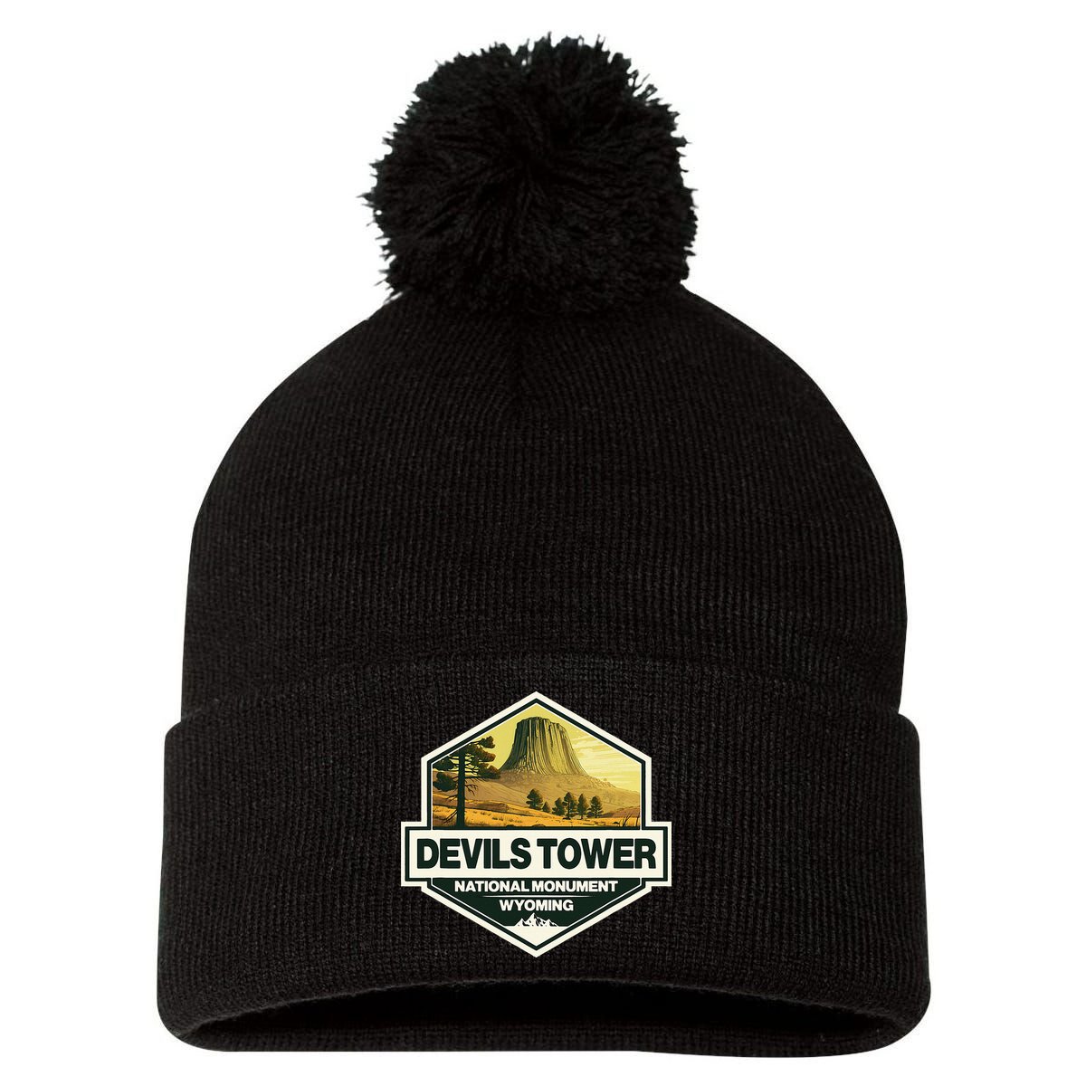 Devils Tower National Monument Wyoming Travel Art Badge Pom Pom 12in Knit Beanie