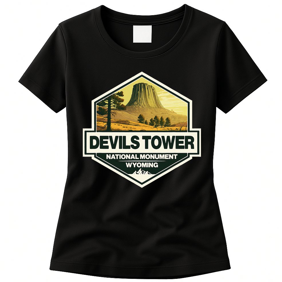 Devils Tower National Monument Wyoming Travel Art Badge Womens T-Shirt