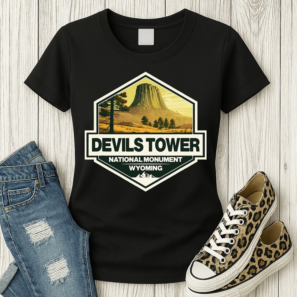 Devils Tower National Monument Wyoming Travel Art Badge Womens T-Shirt