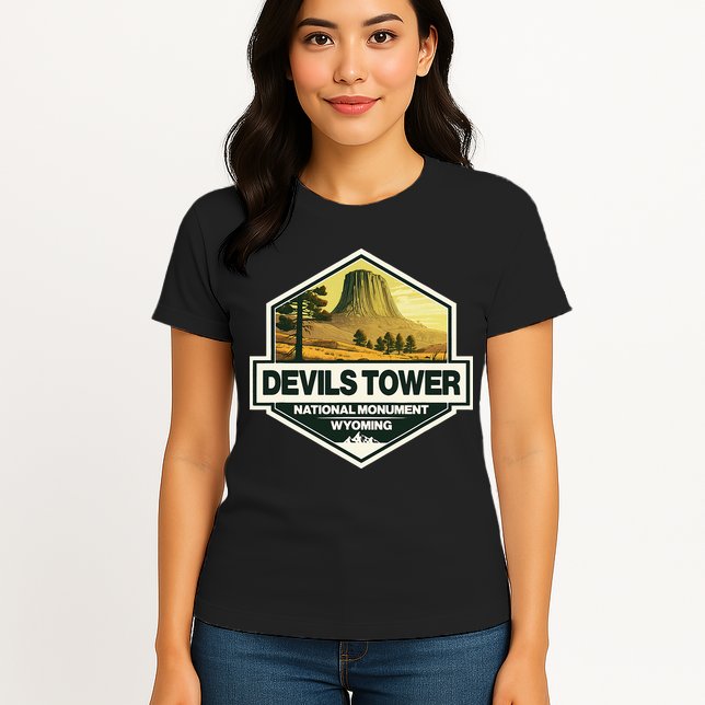 Devils Tower National Monument Wyoming Travel Art Badge Womens T-Shirt