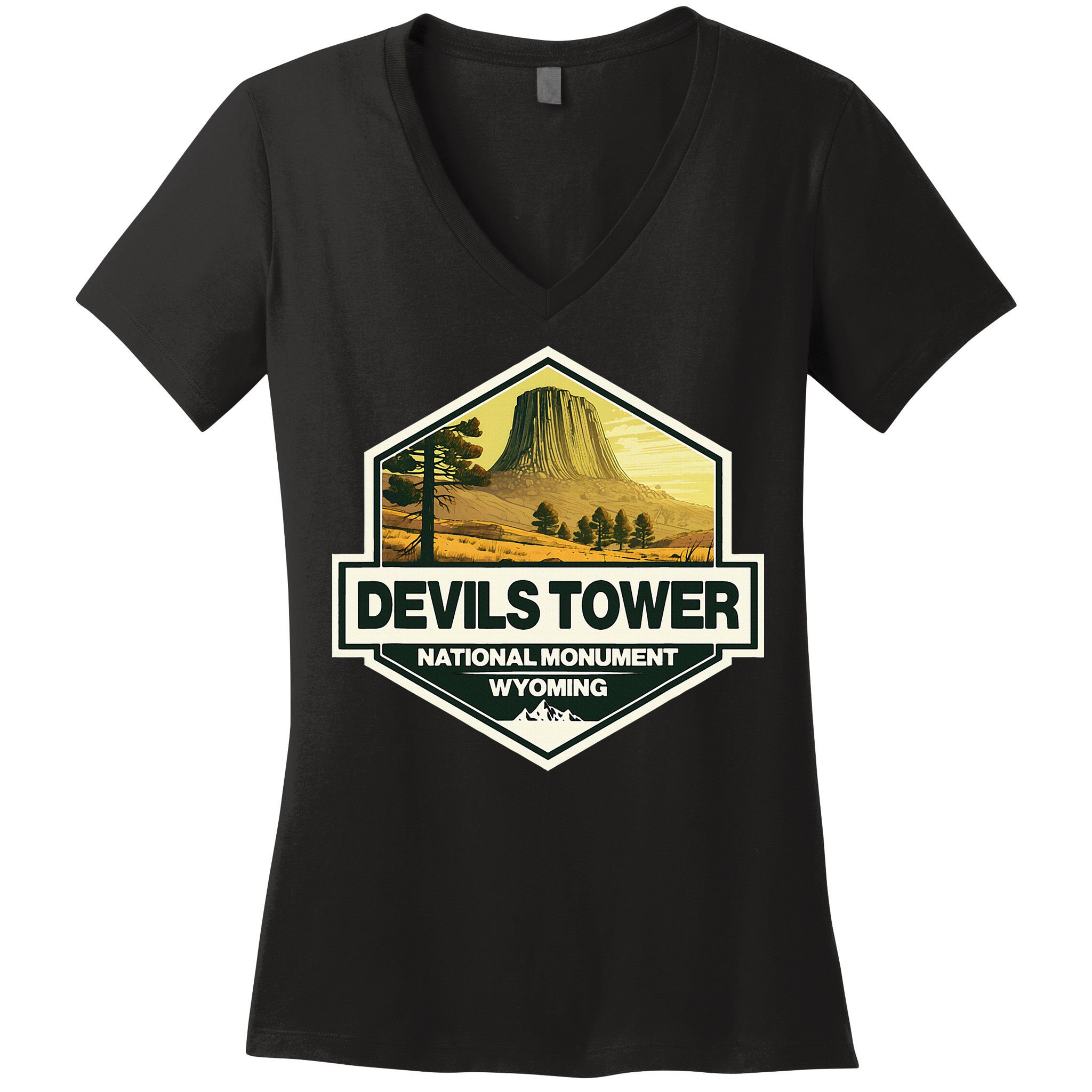 Devils Tower National Monument Wyoming Travel Art Badge Women's V-Neck T-Shirt