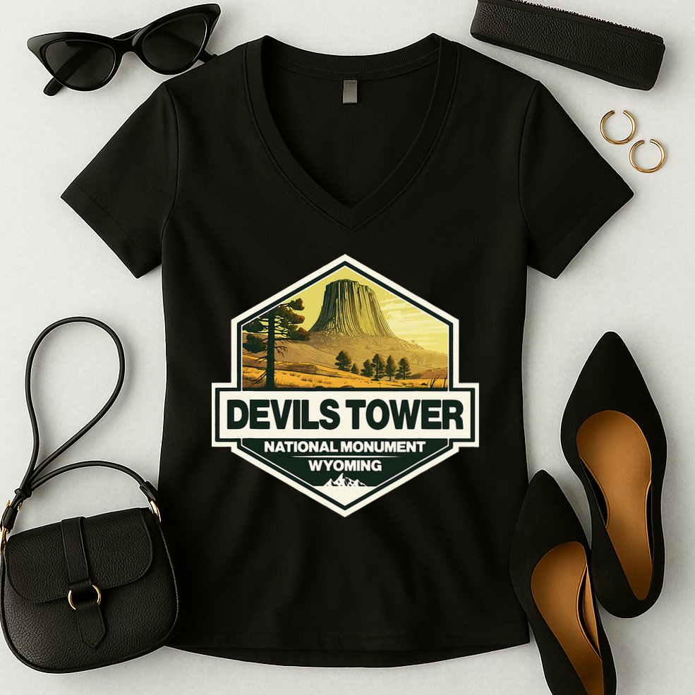 Devils Tower National Monument Wyoming Travel Art Badge Women's V-Neck T-Shirt