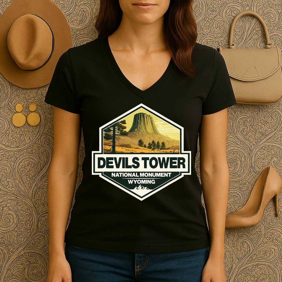 Devils Tower National Monument Wyoming Travel Art Badge Women's V-Neck T-Shirt