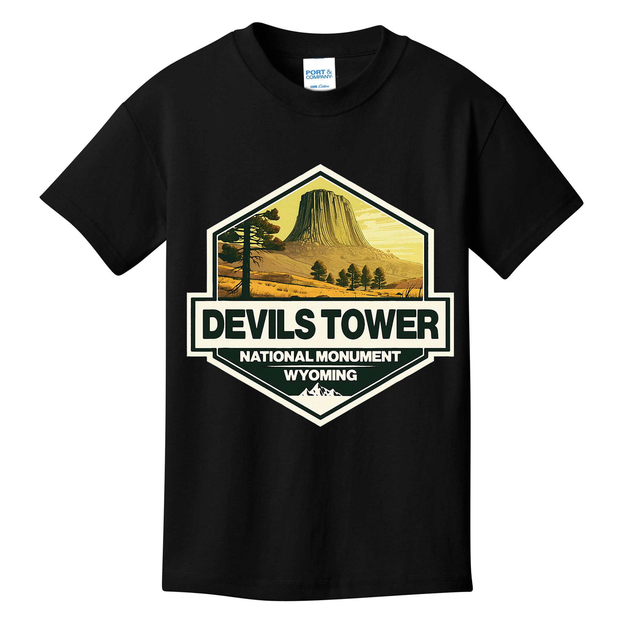 Devils Tower National Monument Wyoming Travel Art Badge Kids T-Shirt