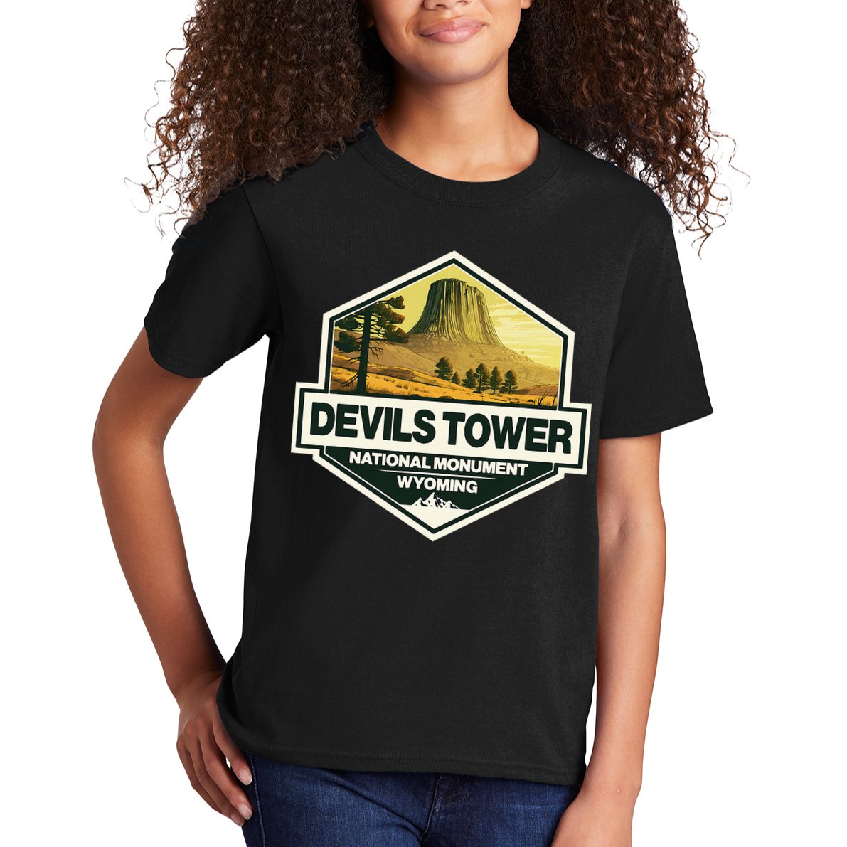 Devils Tower National Monument Wyoming Travel Art Badge Kids T-Shirt