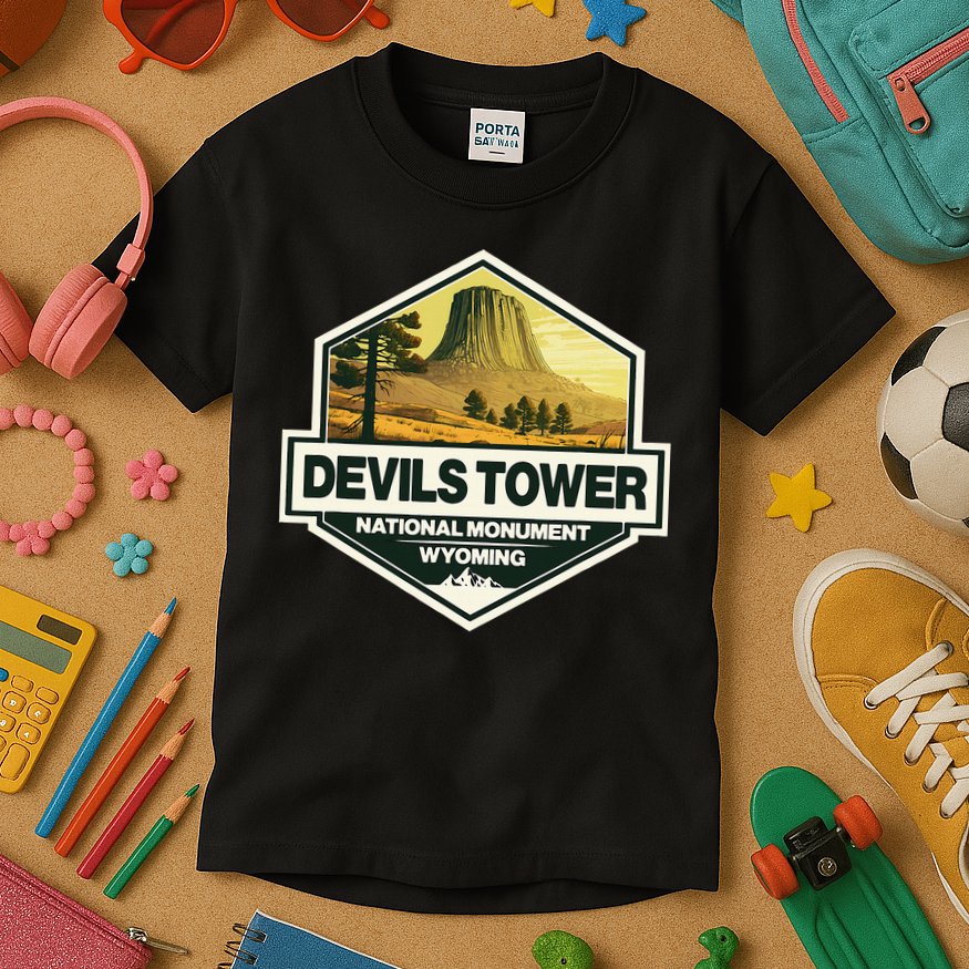 Devils Tower National Monument Wyoming Travel Art Badge Kids T-Shirt