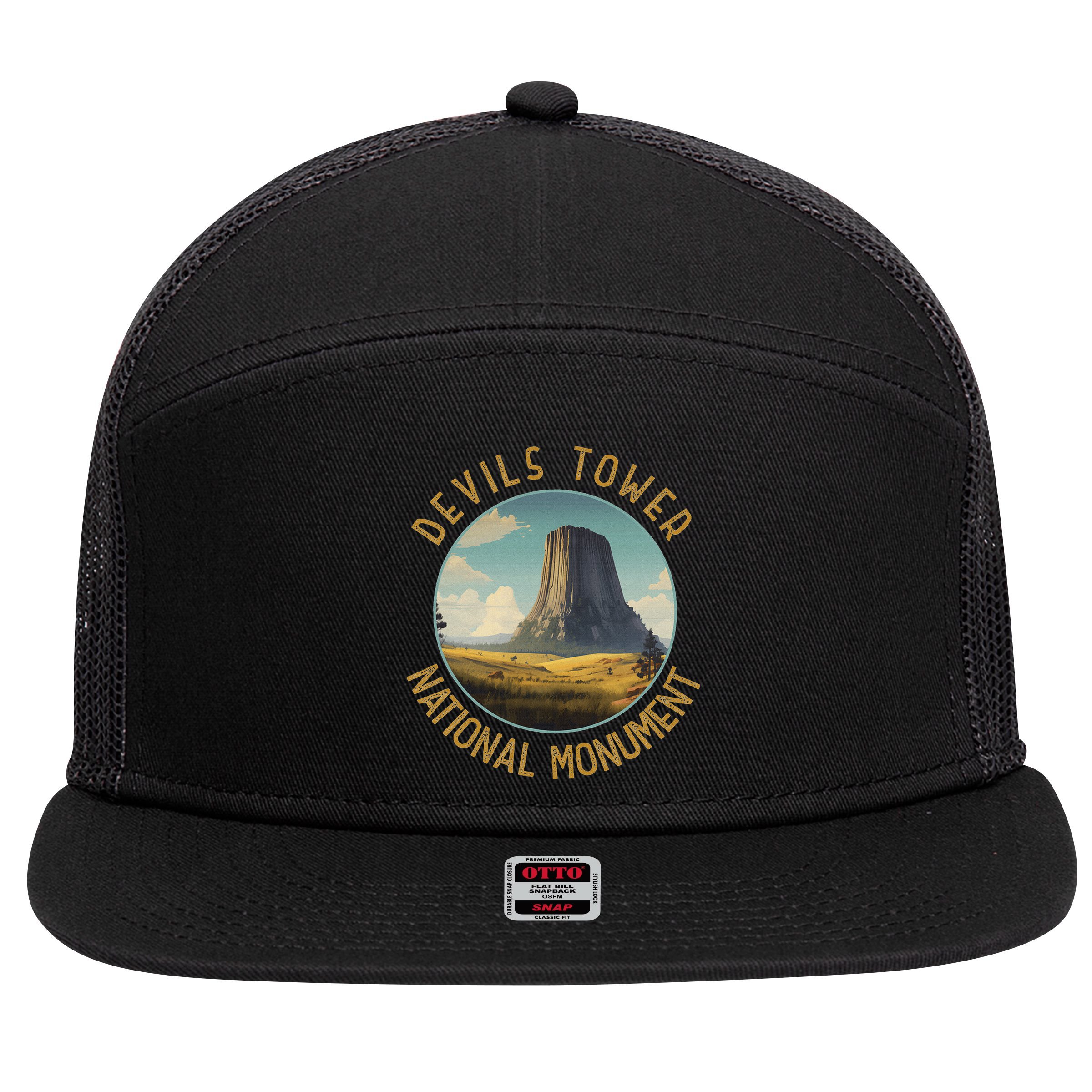 Devils Tower National Monument Distressed Circle 7 Panel Mesh Trucker Snapback Hat