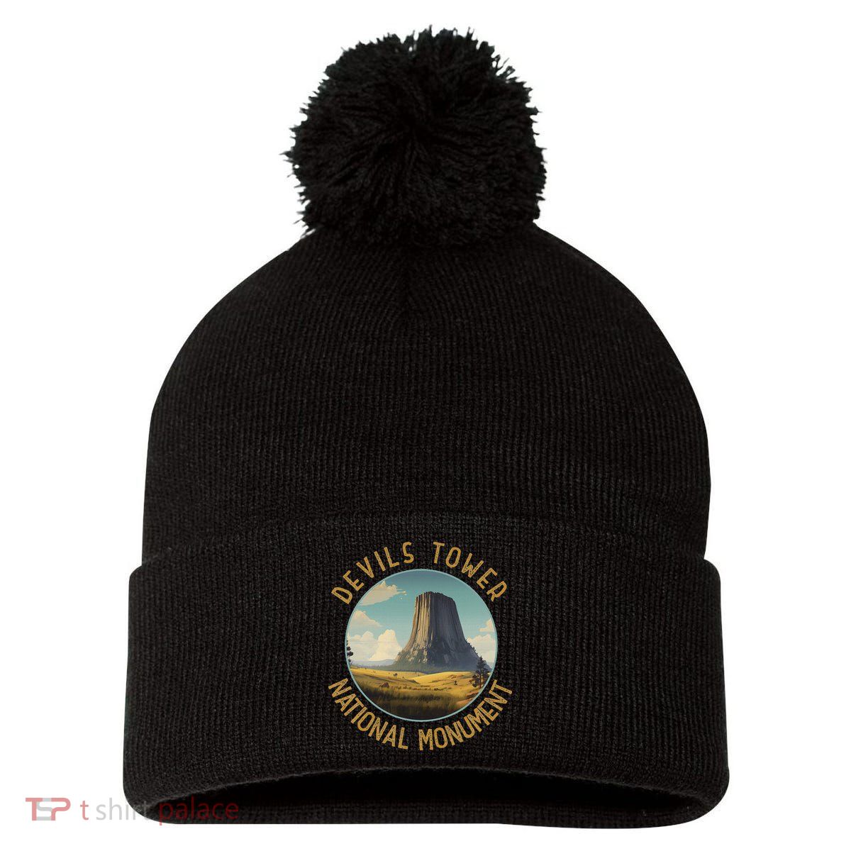 Devils Tower National Monument Distressed Circle Pom Pom 12in Knit Beanie