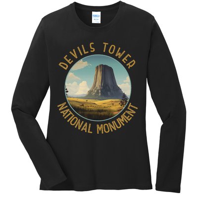 Devils Tower National Monument Distressed Circle Ladies Long Sleeve Shirt