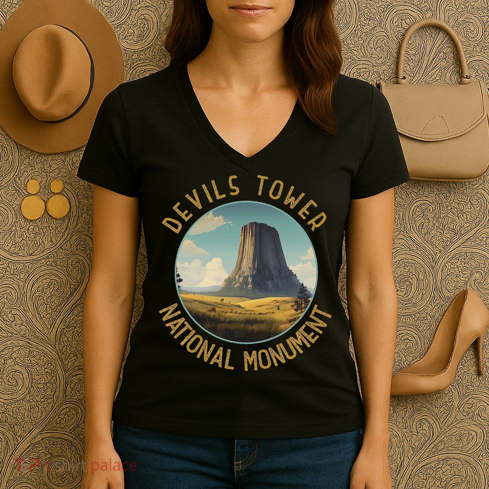 Devils Tower National Monument Distressed Circle Women's V-Neck T-Shirt