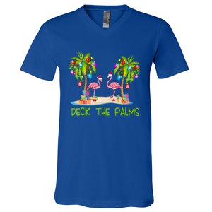 Deck The Palms Merry Flamingo Christmas Holiday Xmas Lights Funny Gift V-Neck T-Shirt