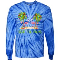 Deck The Palms Merry Flamingo Christmas Holiday Xmas Lights Funny Gift Tie-Dye Long Sleeve Shirt