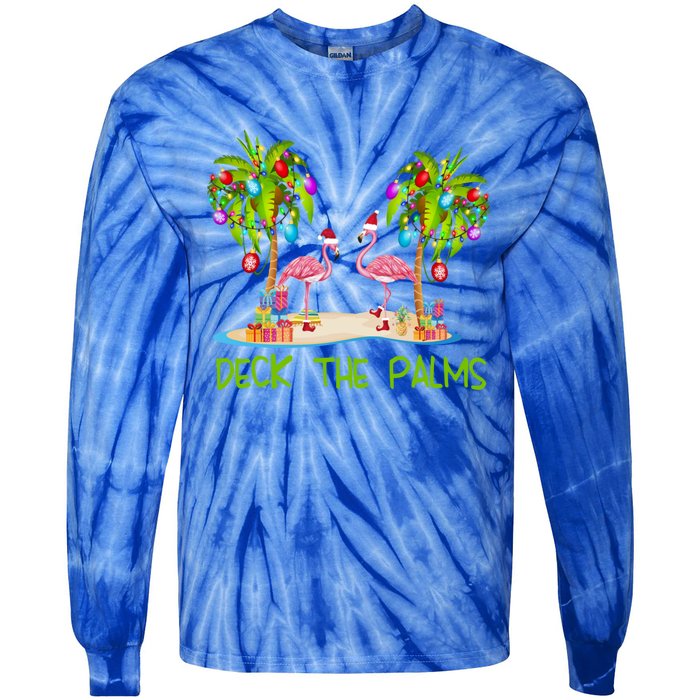 Deck The Palms Merry Flamingo Christmas Holiday Xmas Lights Funny Gift Tie-Dye Long Sleeve Shirt