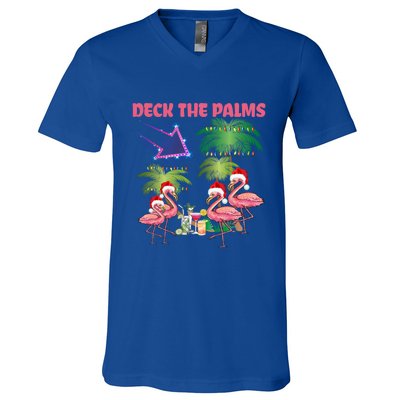 Deck The Palms Flamingo Tropical Christmas Palm Tree Lights Meaningful Gift V-Neck T-Shirt