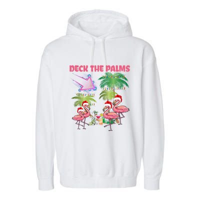 Deck The Palms Flamingo Tropical Christmas Palm Tree Lights Meaningful Gift Garment-Dyed Fleece Hoodie