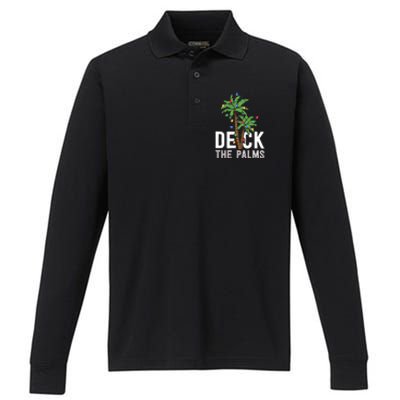 Deck The Palms Merry Christmas Tropical Hawaii Palm Tree Gift Performance Long Sleeve Polo