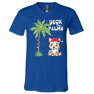 Deck The Palms Cute Cats Tropical Christmas Lights Palm Tree Gift V-Neck T-Shirt