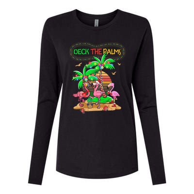 Deck The Palms Merry Flamingo Christmas Palm Tree Beach Meaningful Gift Womens Cotton Relaxed Long Sleeve T-Shirt