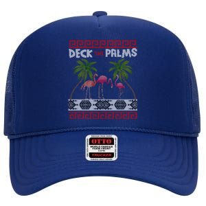 Deck The Palms Merry Flamingo Ugly Christmas Sweater Pyjamas Gift High Crown Mesh Back Trucker Hat