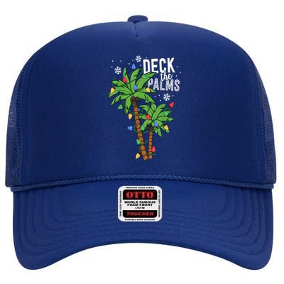 Deck The Palms Tropical Hawaii Christmas Palm Tree Lights Gift High Crown Mesh Back Trucker Hat