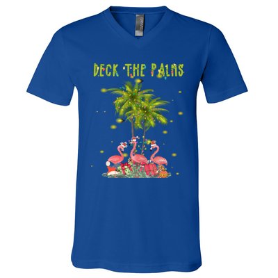 Deck The Palms Hawaiian Christmas Lights Palm Flamingo Cute Gift V-Neck T-Shirt