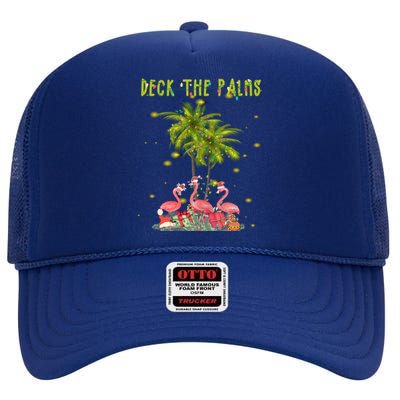 Deck The Palms Hawaiian Christmas Lights Palm Flamingo Cute Gift High Crown Mesh Back Trucker Hat