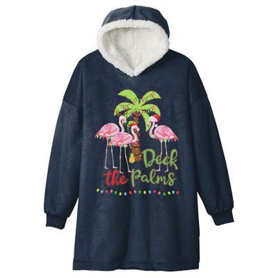 Deck The Palms Flamingo Christmas Gift Vacation Family Gift Hooded Wearable Blanket