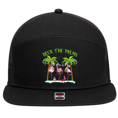 Deck The Palms Flamingo Tropical Christmas Lights Palm Tree 7 Panel Mesh Trucker Snapback Hat