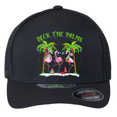 Deck The Palms Flamingo Tropical Christmas Lights Palm Tree Flexfit Unipanel Trucker Cap