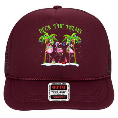 Deck The Palms Flamingo Tropical Christmas Lights Palm Tree High Crown Mesh Back Trucker Hat