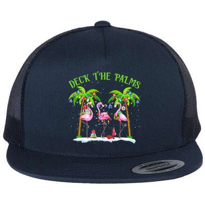 Deck The Palms Flamingo Tropical Christmas Lights Palm Tree Flat Bill Trucker Hat