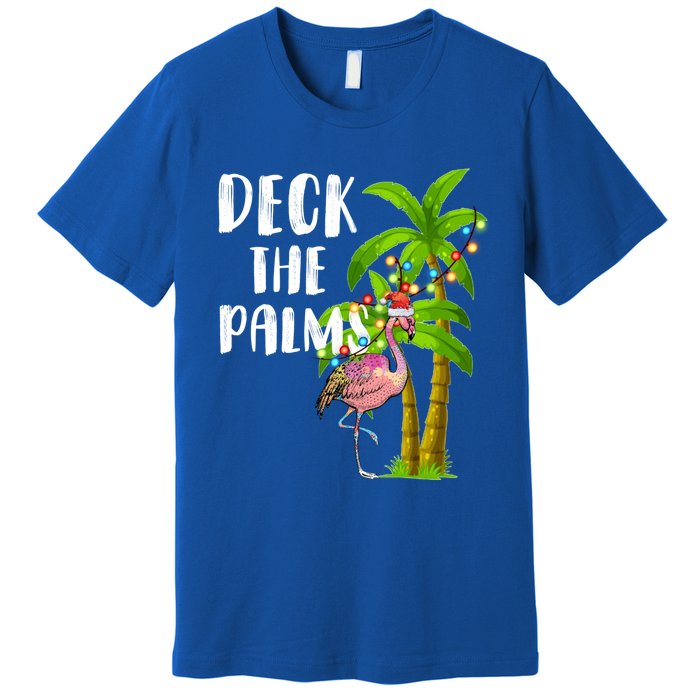 Deck The Palms Tropical Christmas Pink Flamingos Palm Tree Gift Premium T-Shirt