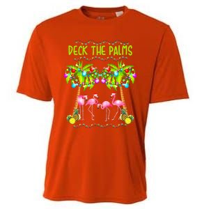 Deck The Palms Merry Flamingo Christmas Palm Tree Funny Xmas Gift Cooling Performance Crew T-Shirt