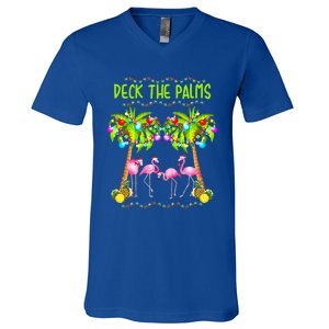 Deck The Palms Merry Flamingo Christmas Palm Tree Funny Xmas Gift V-Neck T-Shirt