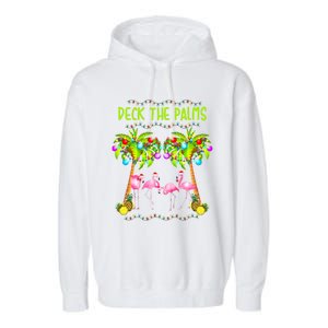 Deck The Palms Merry Flamingo Christmas Palm Tree Funny Xmas Gift Garment-Dyed Fleece Hoodie