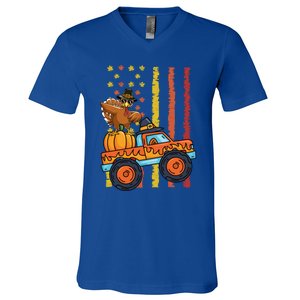 Dabbing Turkey Pumpkin Truck Autumn Usa Flag Thanksgiving Gift V-Neck T-Shirt